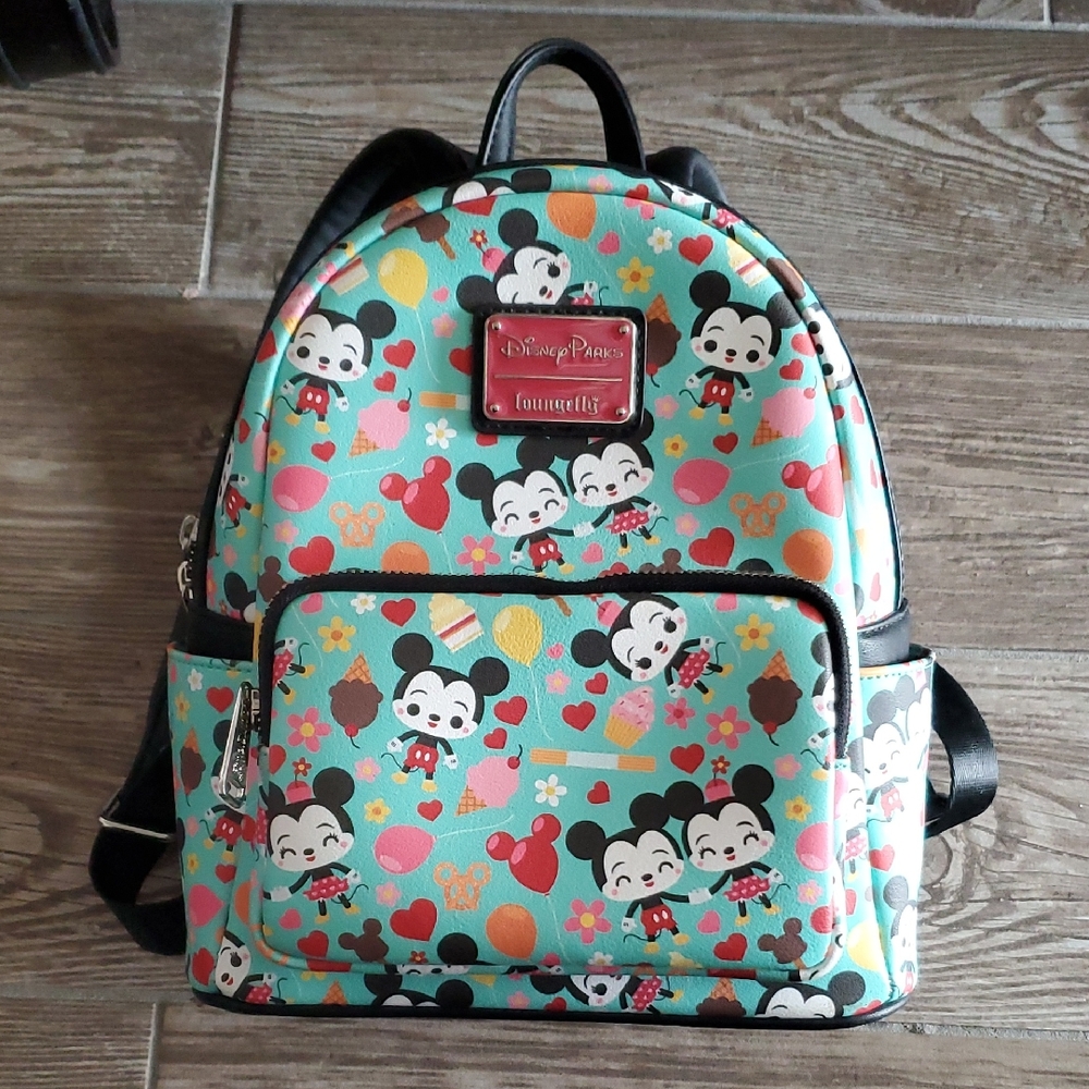 Loungefly Disney Parks Mickey and Minni Snacks Mini Backpack - Teal and Black